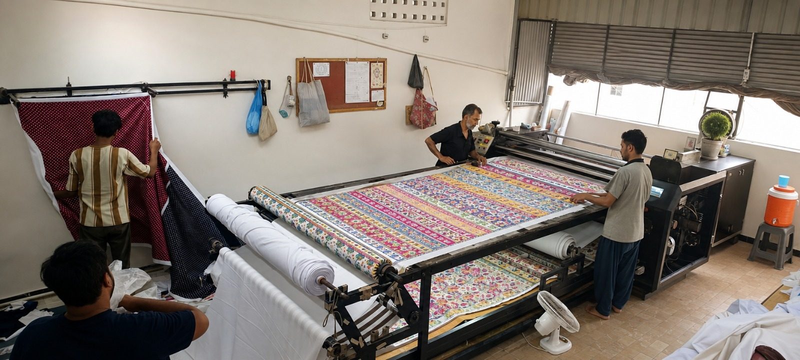Fabric being cut and pressed on the production table