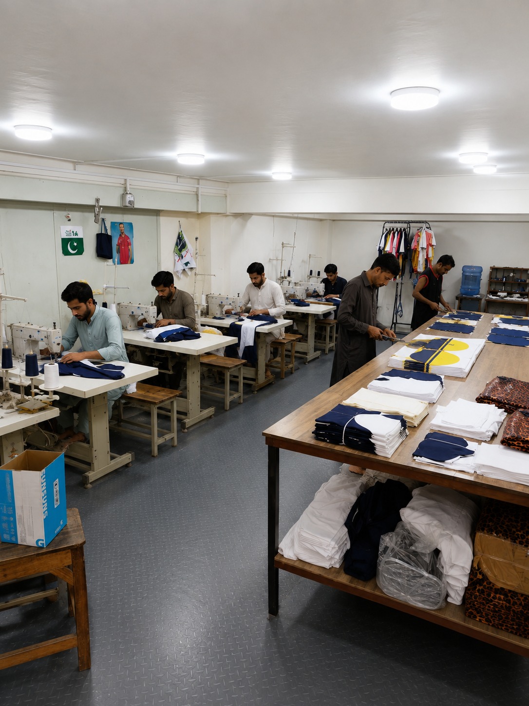 Tailors cutting, making and trimming garments in the stitching room